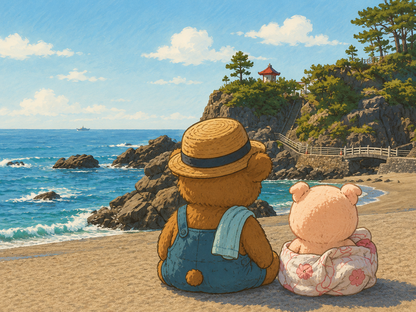 海苔のシーズン後に訪れた桂浜で海を眺める熊さんと豚のぬいぐるみ